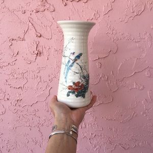 Pottery Craft USA Porcelain Hand Painted Vase Floral Birds Tropical Vint…
